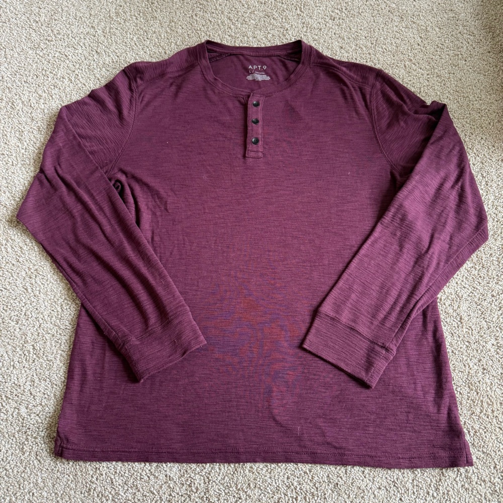 APT.9 Men`s Burgundy Soft Henley Long sleeve Collarless Shirt Size Large